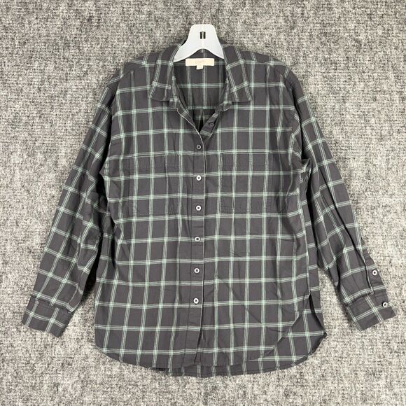 LOFT Womens Plaid Button Up Tunic Shirt M Grey‎ Relaxed Tomboy Chore Cottagecore - Picture 1 of 9